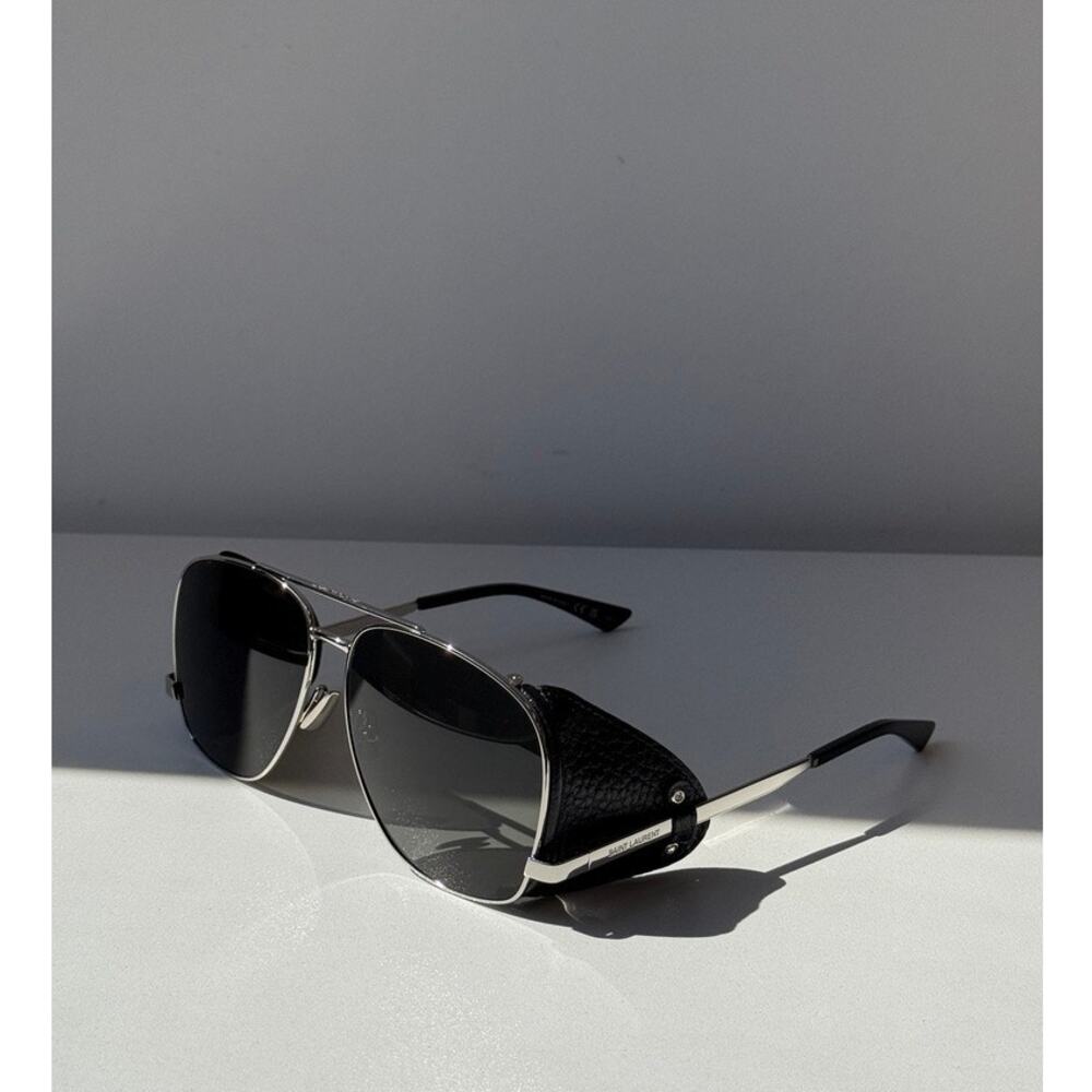 NEW Saint Laurent SL653 Leon Shield Aviator Sunglasses Silver